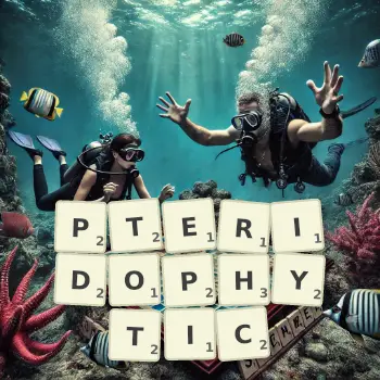 Creative illustration for a Scrabble game with the word PTERIDOPHYTIC spelled out in tiles on the board.
