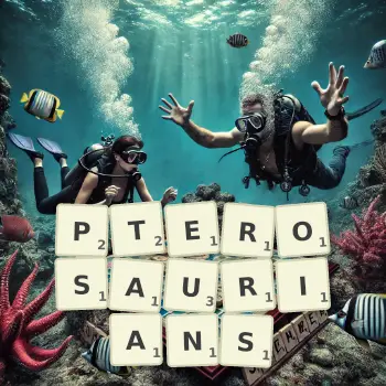 Creative illustration for a Scrabble game with the word PTEROSAURIANS spelled out in tiles on the board.