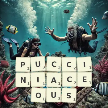 Creative illustration for a Scrabble game with the word PUCCINIACEOUS spelled out in tiles on the board.