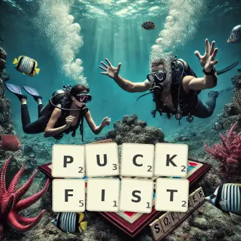 Creative illustration for a Scrabble game with the word PUCKFIST spelled out in tiles on the board.