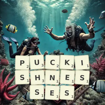 Creative illustration for a Scrabble game with the word PUCKISHNESSES spelled out in tiles on the board.