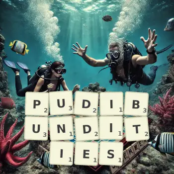 Creative illustration for a Scrabble game with the word PUDIBUNDITIES spelled out in tiles on the board.
