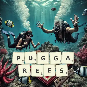 Creative illustration for a Scrabble game with the word PUGGAREES spelled out in tiles on the board.