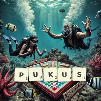 Creative illustration for a Scrabble game with the word PUKUS spelled out in tiles on the board.