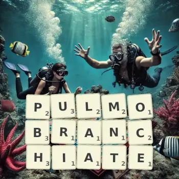 Creative illustration for a Scrabble game with the word PULMOBRANCHIATE spelled out in tiles on the board.