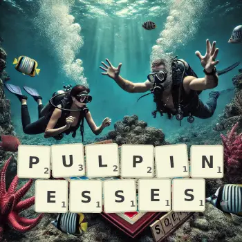 Creative illustration for a Scrabble game with the word PULPINESSES spelled out in tiles on the board.