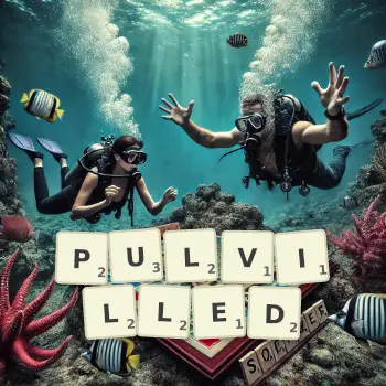 Creative illustration for a Scrabble game with the word PULVILLED spelled out in tiles on the board.