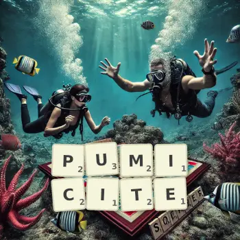 Creative illustration for a Scrabble game with the word PUMICITE spelled out in tiles on the board.