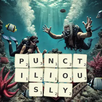 Creative illustration for a Scrabble game with the word PUNCTILIOUSLY spelled out in tiles on the board.