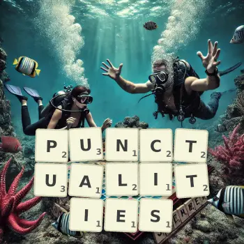 Creative illustration for a Scrabble game with the word PUNCTUALITIES spelled out in tiles on the board.