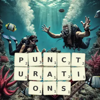 Creative illustration for a Scrabble game with the word PUNCTURATIONS spelled out in tiles on the board.