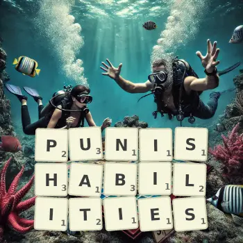 Creative illustration for a Scrabble game with the word PUNISHABILITIES spelled out in tiles on the board.