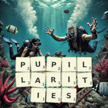 Creative illustration for a Scrabble game with the word PUPILLARITIES spelled out in tiles on the board.