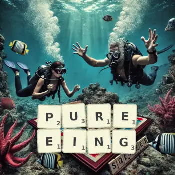 Creative illustration for a Scrabble game with the word PUREEING spelled out in tiles on the board.