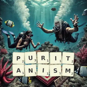 Creative illustration for a Scrabble game with the word PURITANISM spelled out in tiles on the board.
