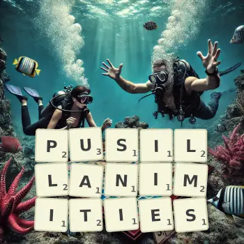 Creative illustration for a Scrabble game with the word PUSILLANIMITIES spelled out in tiles on the board.
