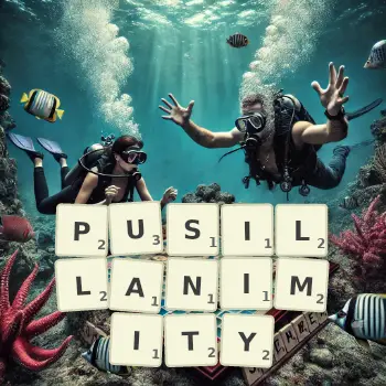 Creative illustration for a Scrabble game with the word PUSILLANIMITY spelled out in tiles on the board.