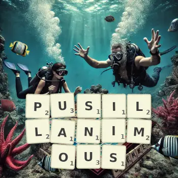 Creative illustration for a Scrabble game with the word PUSILLANIMOUS spelled out in tiles on the board.