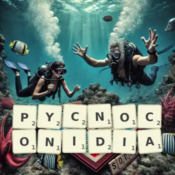 Creative illustration for a Scrabble game with the word PYCNOCONIDIA spelled out in tiles on the board.