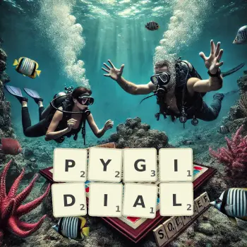 Creative illustration for a Scrabble game with the word PYGIDIAL spelled out in tiles on the board.