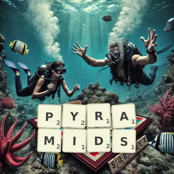 Creative illustration for a Scrabble game with the word PYRAMIDS spelled out in tiles on the board.