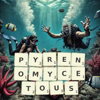 Creative illustration for a Scrabble game with the word PYRENOMYCETOUS spelled out in tiles on the board.