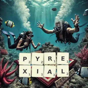 Creative illustration for a Scrabble game with the word PYREXIAL spelled out in tiles on the board.