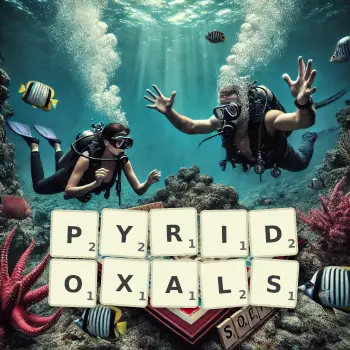 Creative illustration for a Scrabble game with the word PYRIDOXALS spelled out in tiles on the board.