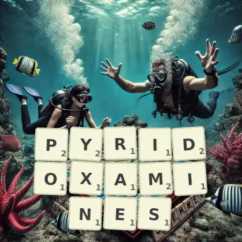 Creative illustration for a Scrabble game with the word PYRIDOXAMINES spelled out in tiles on the board.
