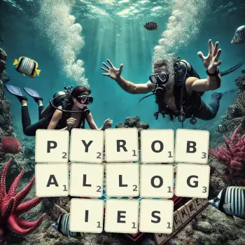 Creative illustration for a Scrabble game with the word PYROBALLOGIES spelled out in tiles on the board.