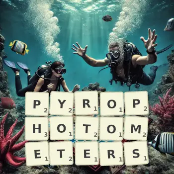Creative illustration for a Scrabble game with the word PYROPHOTOMETERS spelled out in tiles on the board.