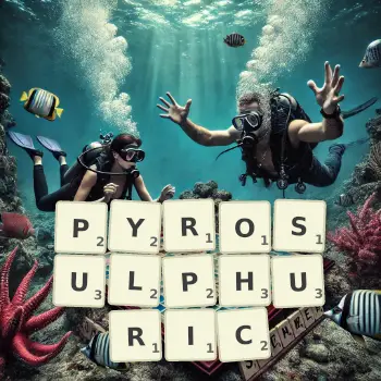 Creative illustration for a Scrabble game with the word PYROSULPHURIC spelled out in tiles on the board.