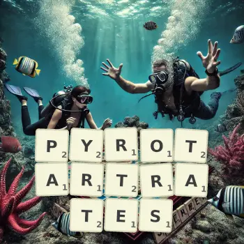 Creative illustration for a Scrabble game with the word PYROTARTRATES spelled out in tiles on the board.