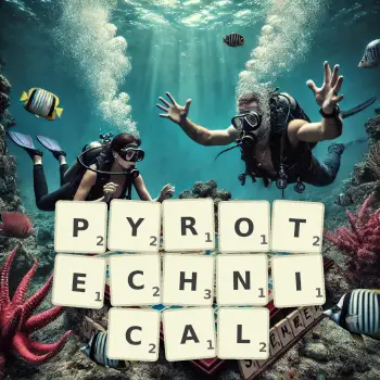 Creative illustration for a Scrabble game with the word PYROTECHNICAL spelled out in tiles on the board.