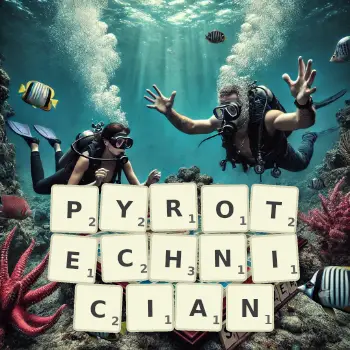 Creative illustration for a Scrabble game with the word PYROTECHNICIAN spelled out in tiles on the board.