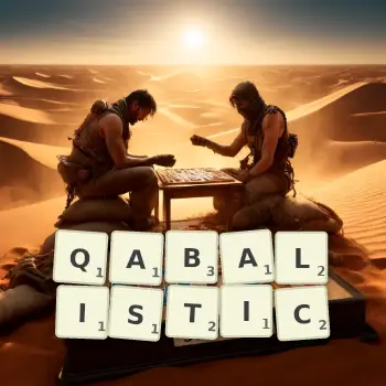 Creative illustration for a Scrabble game with the word QABALISTIC spelled out in tiles on the board.