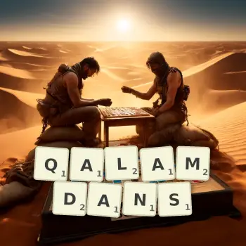 Creative illustration for a Scrabble game with the word QALAMDANS spelled out in tiles on the board.