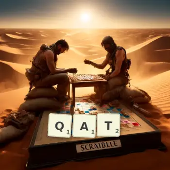 Creative illustration for a Scrabble game with the word QAT spelled out in tiles on the board.