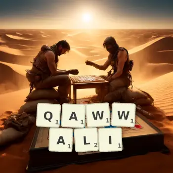 Creative illustration for a Scrabble game with the word QAWWALI spelled out in tiles on the board.