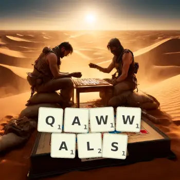 Creative illustration for a Scrabble game with the word QAWWALS spelled out in tiles on the board.