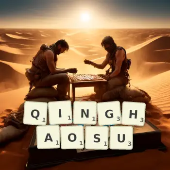 Creative illustration for a Scrabble game with the word QINGHAOSU spelled out in tiles on the board.