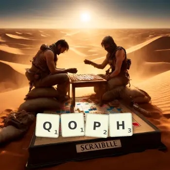 Creative illustration for a Scrabble game with the word QOPH spelled out in tiles on the board.