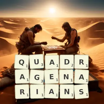 Creative illustration for a Scrabble game with the word QUADRAGENARIANS spelled out in tiles on the board.