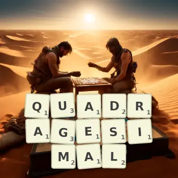 Creative illustration for a Scrabble game with the word QUADRAGESIMAL spelled out in tiles on the board.