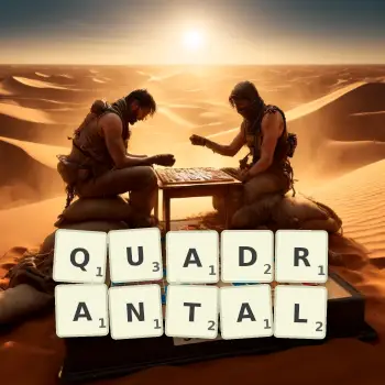 Creative illustration for a Scrabble game with the word QUADRANTAL spelled out in tiles on the board.