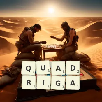 Creative illustration for a Scrabble game with the word QUADRIGA spelled out in tiles on the board.