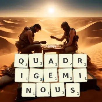 Creative illustration for a Scrabble game with the word QUADRIGEMINOUS spelled out in tiles on the board.