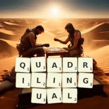 Creative illustration for a Scrabble game with the word QUADRILINGUAL spelled out in tiles on the board.