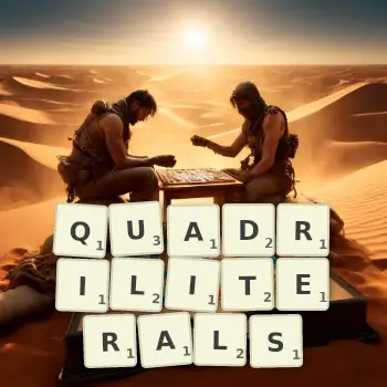 Creative illustration for a Scrabble game with the word QUADRILITERALS spelled out in tiles on the board.