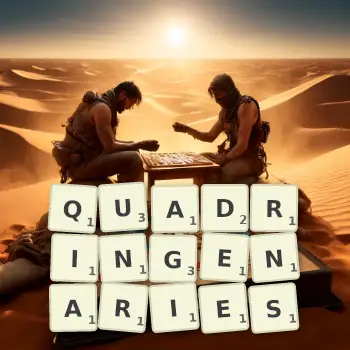 Creative illustration for a Scrabble game with the word QUADRINGENARIES spelled out in tiles on the board.